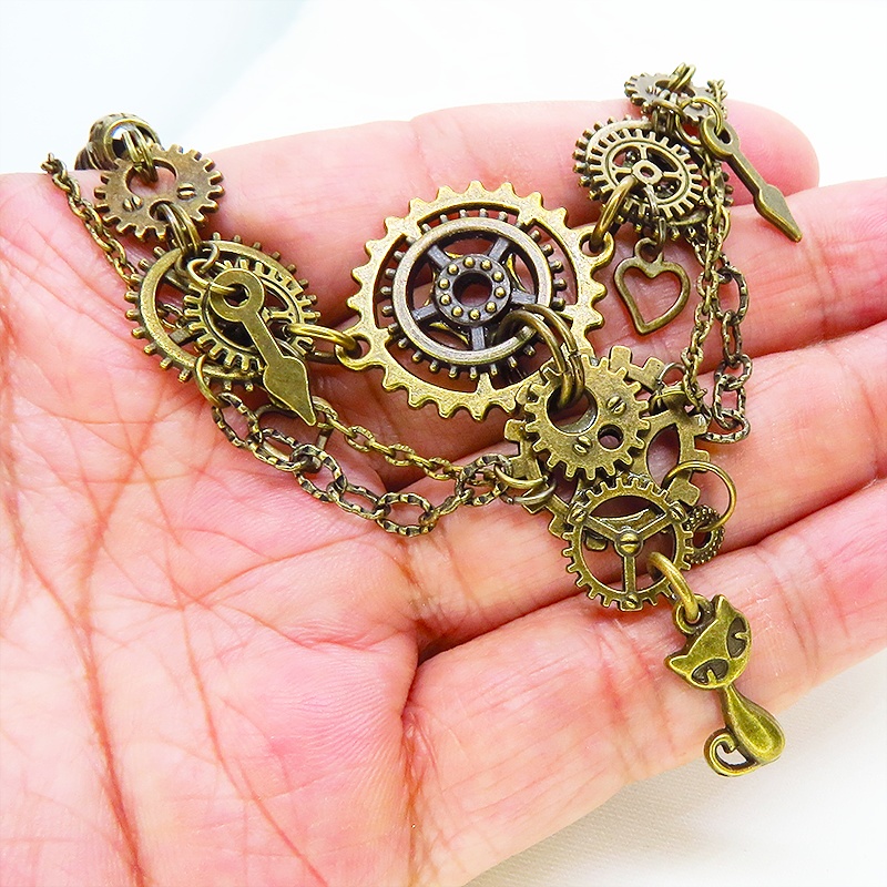 アンティークゴールド 猫と多数の歯車を組合せた多層多重の本格的スチームパンクネックレス 長さ調整可