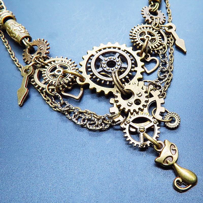 アンティークゴールド 猫と多数の歯車を組合せた多層多重の本格的スチームパンクネックレス 長さ調整可