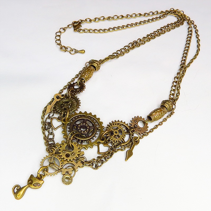 アンティークゴールド 猫と多数の歯車を組合せた多層多重の本格的スチームパンクネックレス 長さ調整可