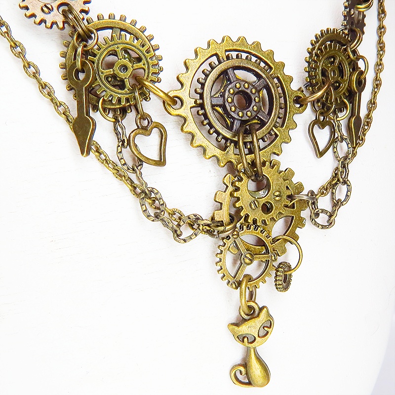 アンティークゴールド 猫と多数の歯車を組合せた多層多重の本格的スチームパンクネックレス 長さ調整可