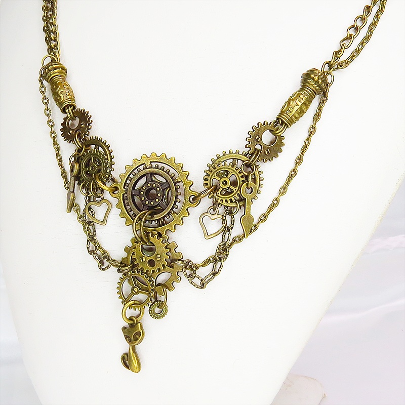 アンティークゴールド 猫と多数の歯車を組合せた多層多重の本格的スチームパンクネックレス 長さ調整可