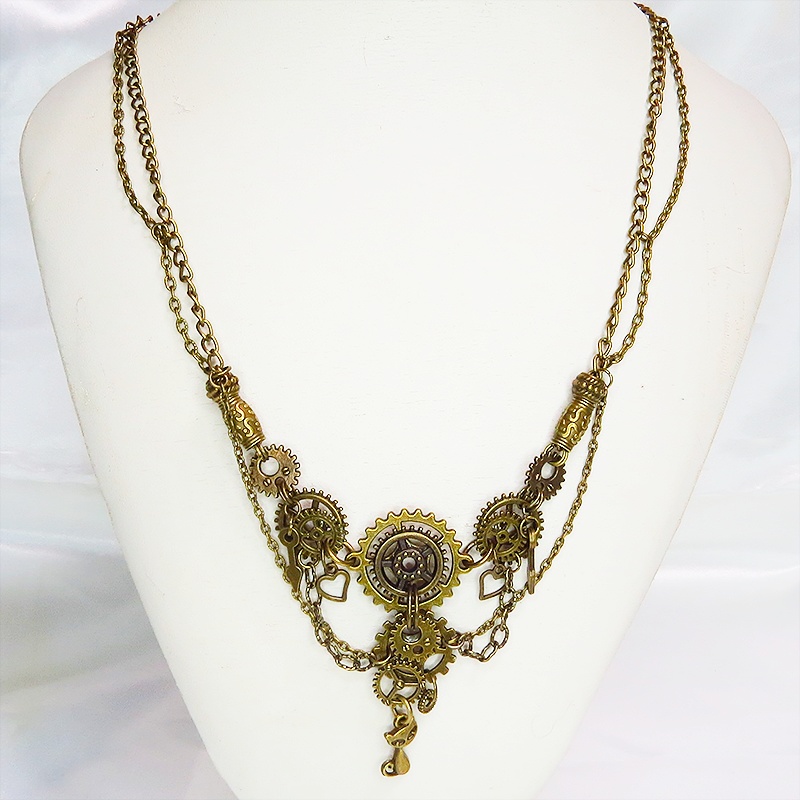 アンティークゴールド 猫と多数の歯車を組合せた多層多重の本格的スチームパンクネックレス 長さ調整可