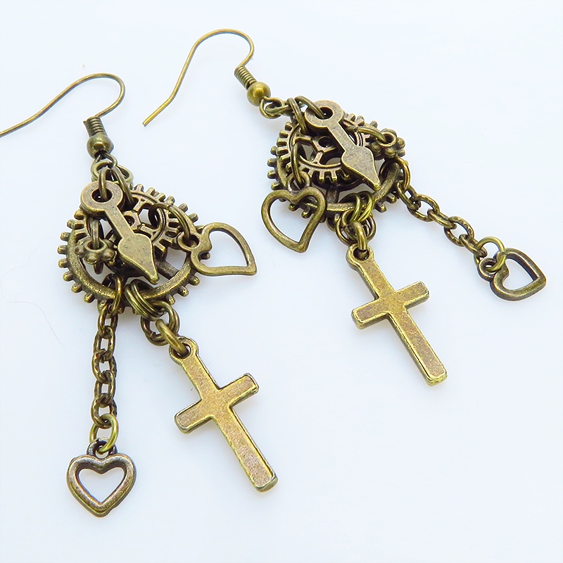 アンティークゴールド ロザリオ(十字架)と歯車を組合せたスチームパンク風チェーン付きピアス