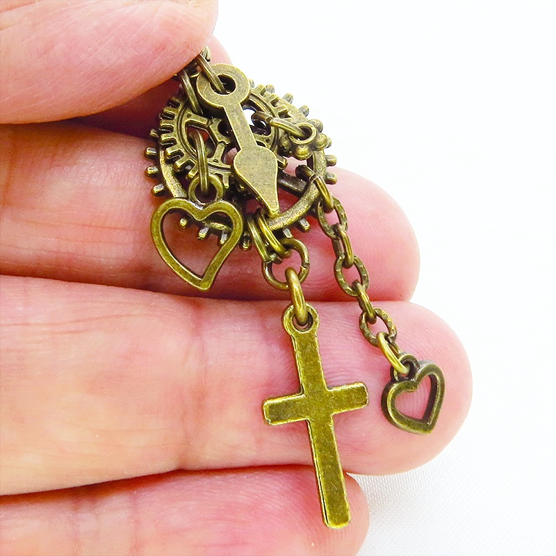 アンティークゴールド ロザリオ(十字架)と歯車を組合せたスチームパンク風チェーン付きピアス