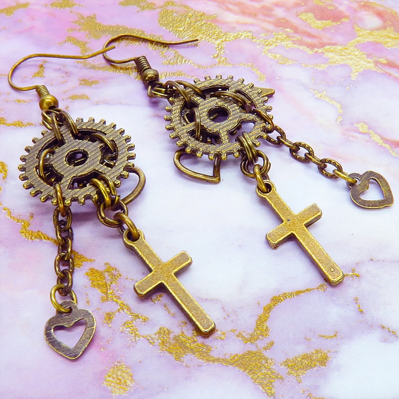 アンティークゴールド ロザリオ(十字架)と歯車を組合せたスチームパンク風チェーン付きピアス
