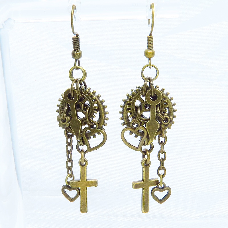 アンティークゴールド ロザリオ(十字架)と歯車を組合せたスチームパンク風チェーン付きピアス