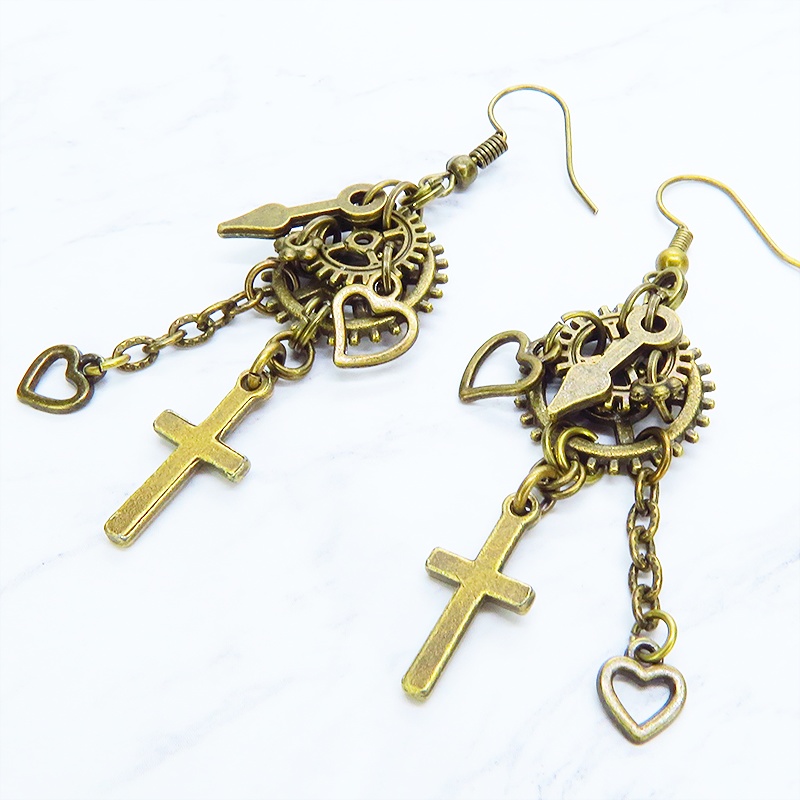 アンティークゴールド ロザリオ(十字架)と歯車を組合せたスチームパンク風チェーン付きピアス