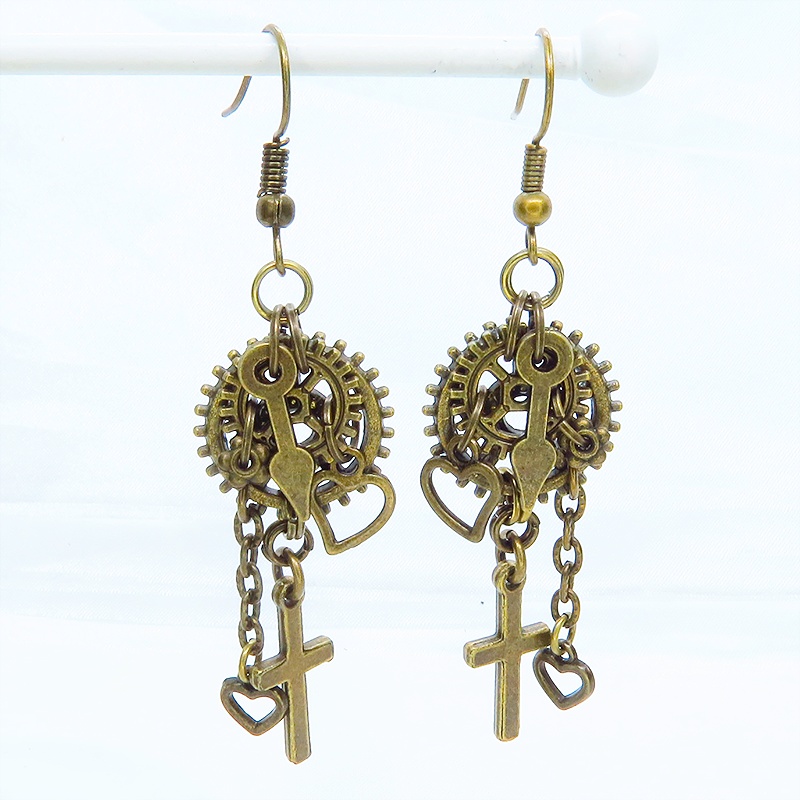 アンティークゴールド ロザリオ(十字架)と歯車を組合せたスチームパンク風チェーン付きピアス