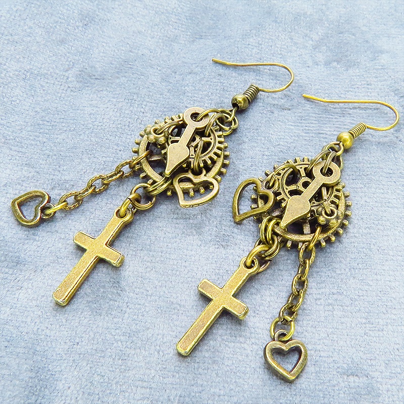 アンティークゴールド ロザリオ(十字架)と歯車を組合せたスチームパンク風チェーン付きピアス