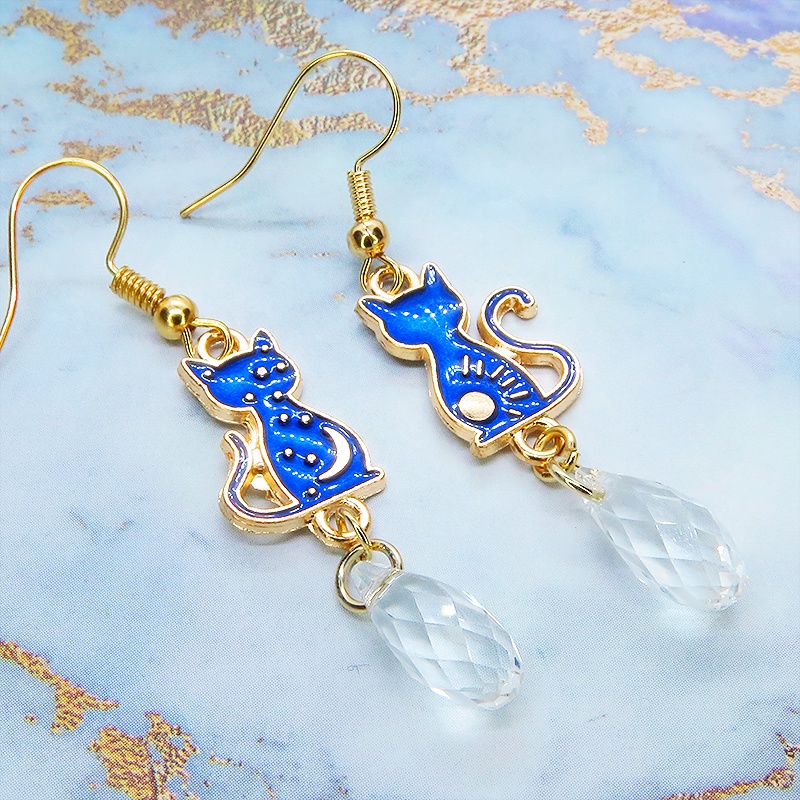 猫とお日様とお星さまと三日月のピアス ティアドロップガラス・クリスタル マットゴールド サージカル可