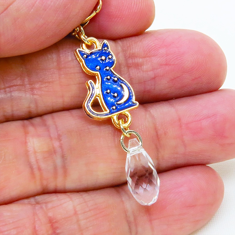マスク・スマホチャーム 猫とお日様とお星さまと三日月のチャーム ティアドロップ ガラス・クリスタル 金具変更可 セット可
