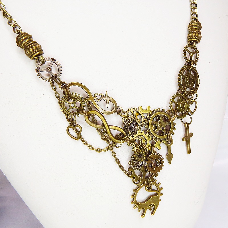 アンティークゴールド 猫と多数の歯車を組合せた多層多重のアシンメトリースチームパンクネックレス 長さ調整可