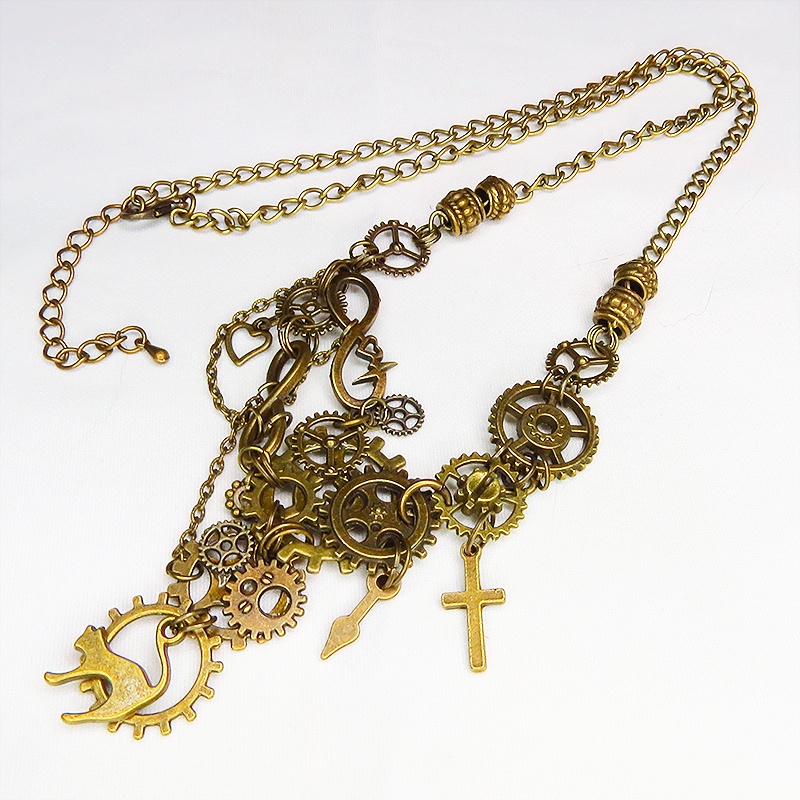 アンティークゴールド 猫と多数の歯車を組合せた多層多重のアシンメトリースチームパンクネックレス 長さ調整可