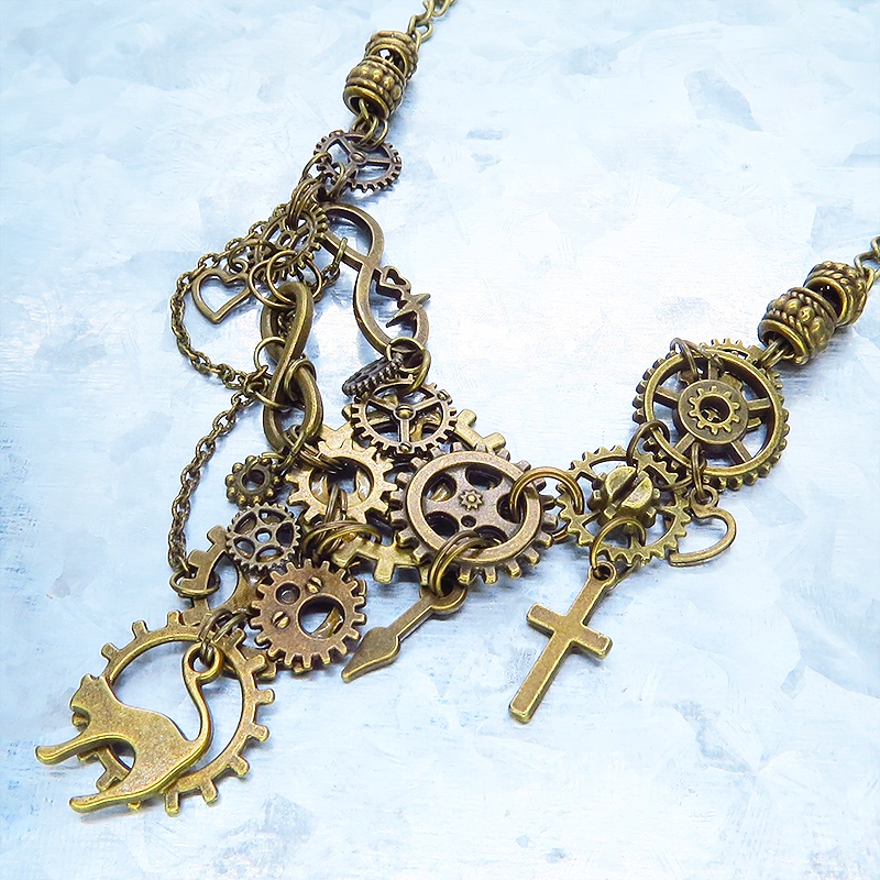 アンティークゴールド 猫と多数の歯車を組合せた多層多重のアシンメトリースチームパンクネックレス 長さ調整可