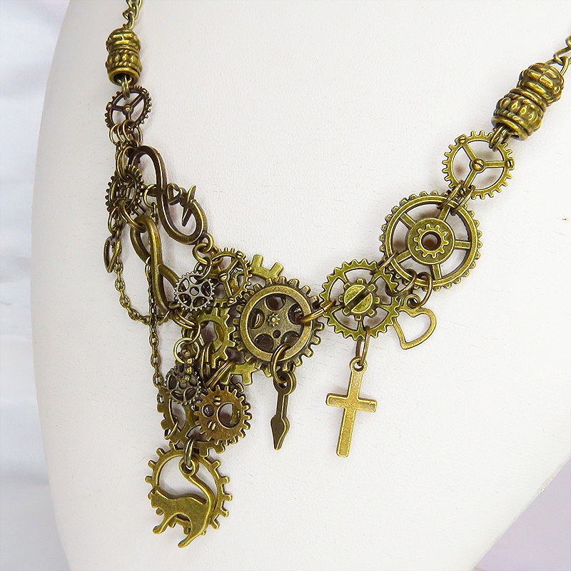 アンティークゴールド 猫と多数の歯車を組合せた多層多重のアシンメトリースチームパンクネックレス 長さ調整可