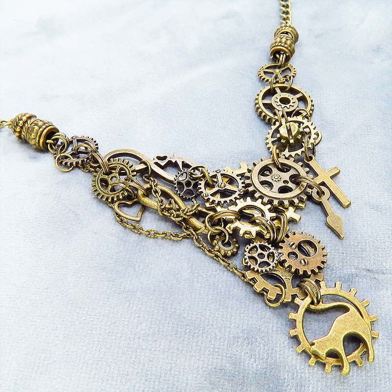 アンティークゴールド 猫と多数の歯車を組合せた多層多重のアシンメトリースチームパンクネックレス 長さ調整可