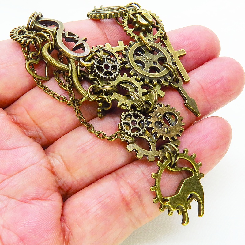 アンティークゴールド 猫と多数の歯車を組合せた多層多重のアシンメトリースチームパンクネックレス 長さ調整可