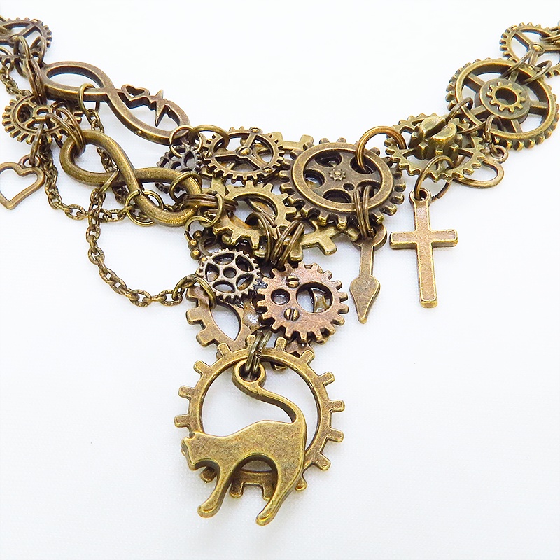アンティークゴールド 猫と多数の歯車を組合せた多層多重のアシンメトリースチームパンクネックレス 長さ調整可