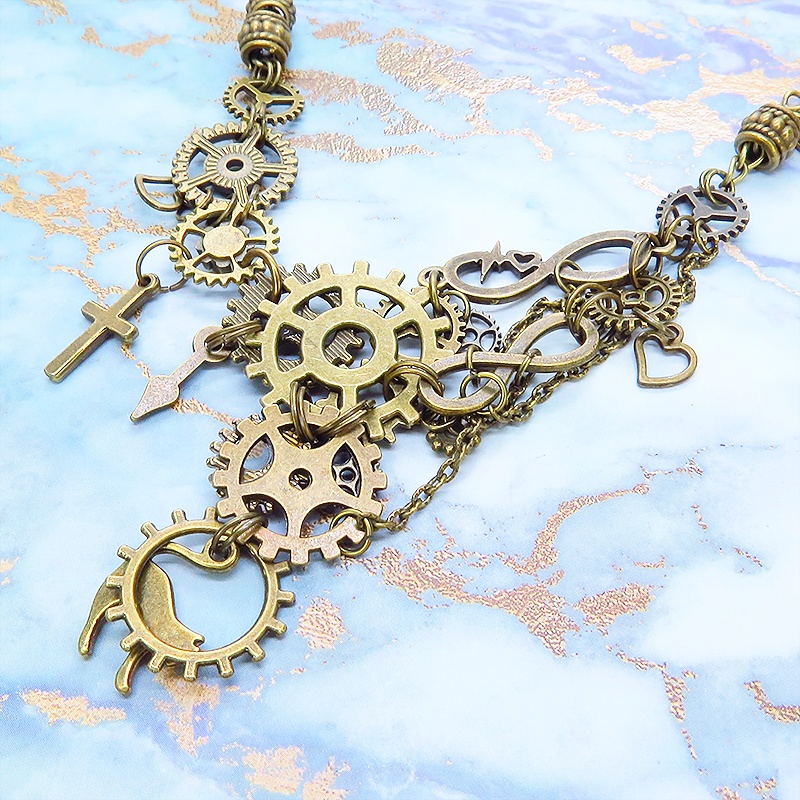 アンティークゴールド 猫と多数の歯車を組合せた多層多重のアシンメトリースチームパンクネックレス 長さ調整可