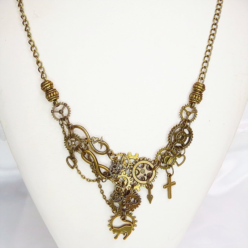 アンティークゴールド 猫と多数の歯車を組合せた多層多重のアシンメトリースチームパンクネックレス 長さ調整可