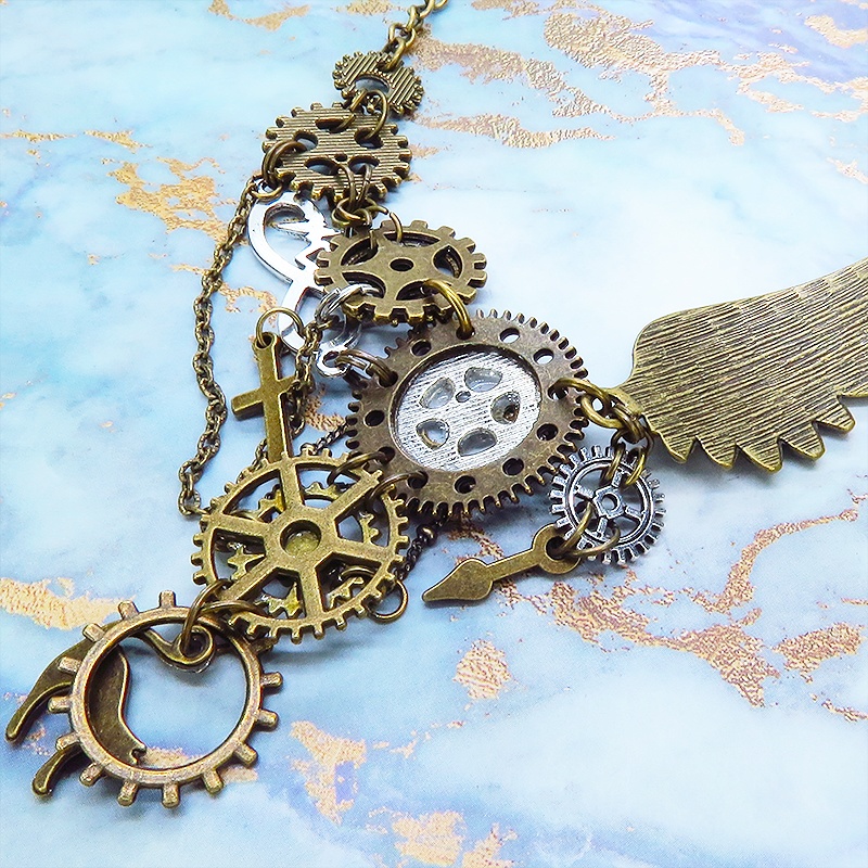 アンティークゴールド 猫と歯車と翼の本格的スチームパンク風アシンメトリー多重多層ネックレス 長さ調整可
