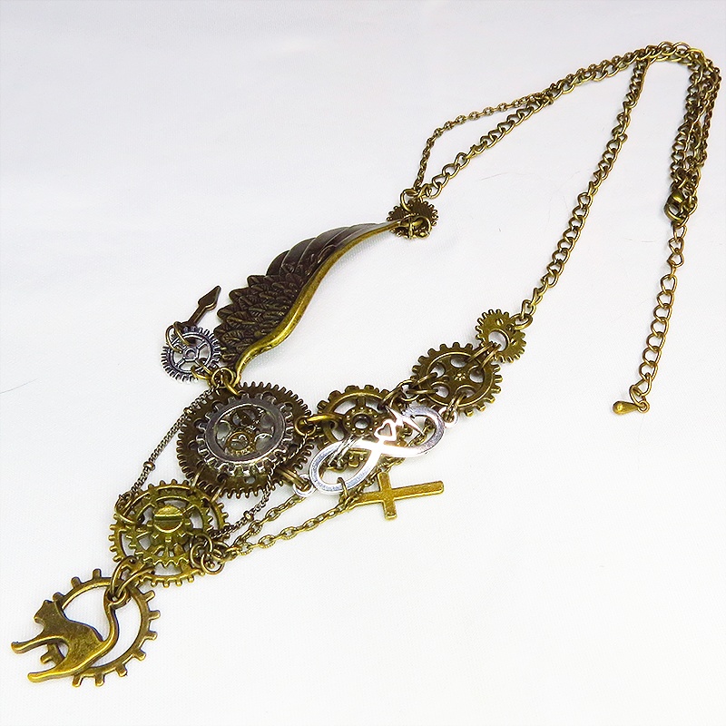 アンティークゴールド 猫と歯車と翼の本格的スチームパンク風アシンメトリー多重多層ネックレス 長さ調整可