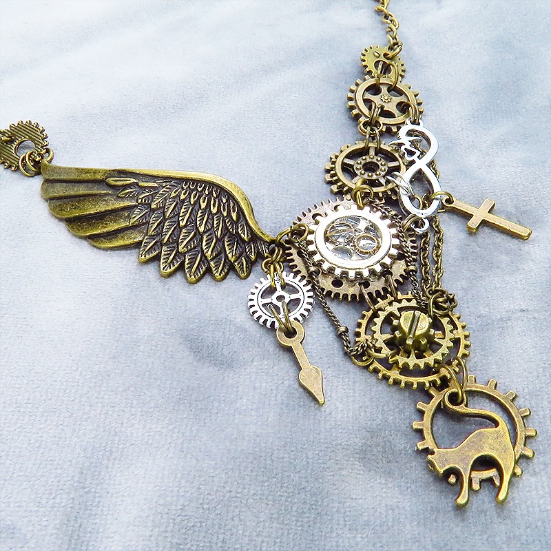 アンティークゴールド 猫と歯車と翼の本格的スチームパンク風アシンメトリー多重多層ネックレス 長さ調整可