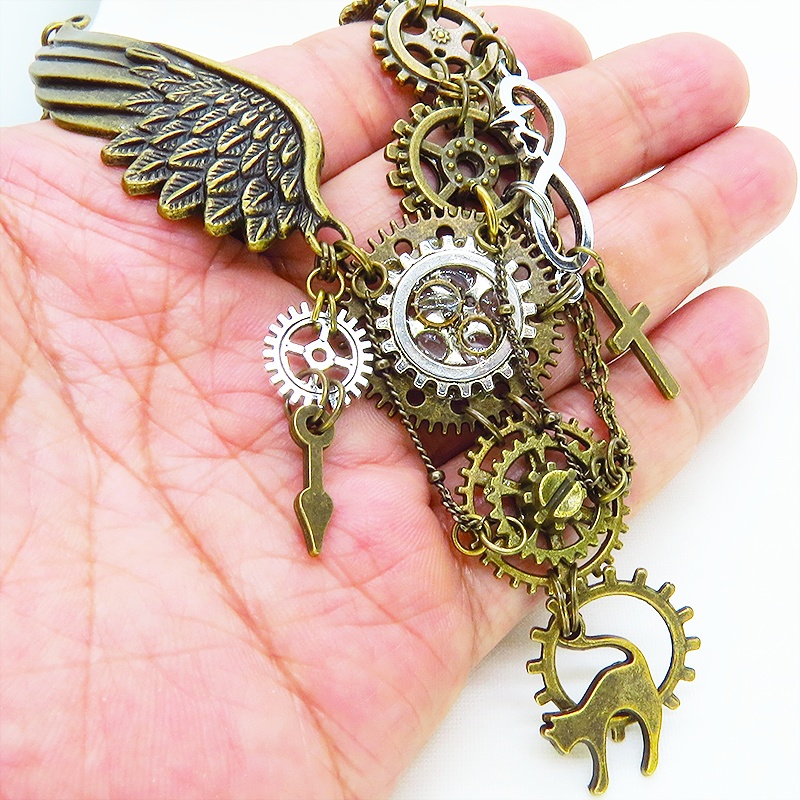 アンティークゴールド 猫と歯車と翼の本格的スチームパンク風アシンメトリー多重多層ネックレス 長さ調整可