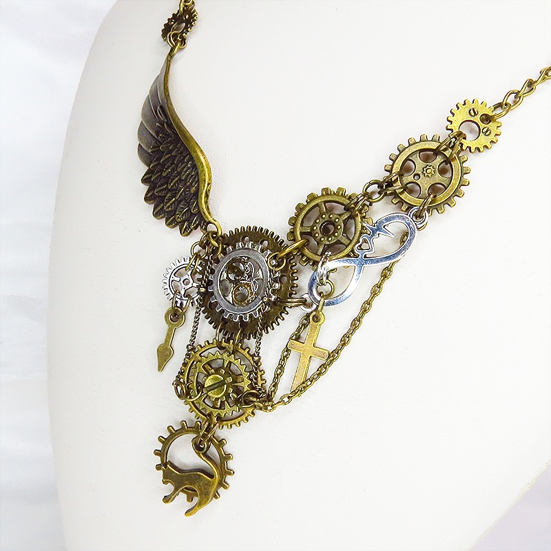 アンティークゴールド 猫と歯車と翼の本格的スチームパンク風アシンメトリー多重多層ネックレス 長さ調整可