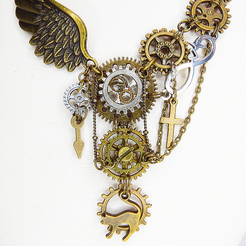 アンティークゴールド 猫と歯車と翼の本格的スチームパンク風アシンメトリー多重多層ネックレス 長さ調整可