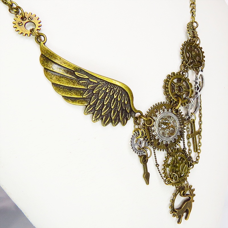 アンティークゴールド 猫と歯車と翼の本格的スチームパンク風アシンメトリー多重多層ネックレス 長さ調整可