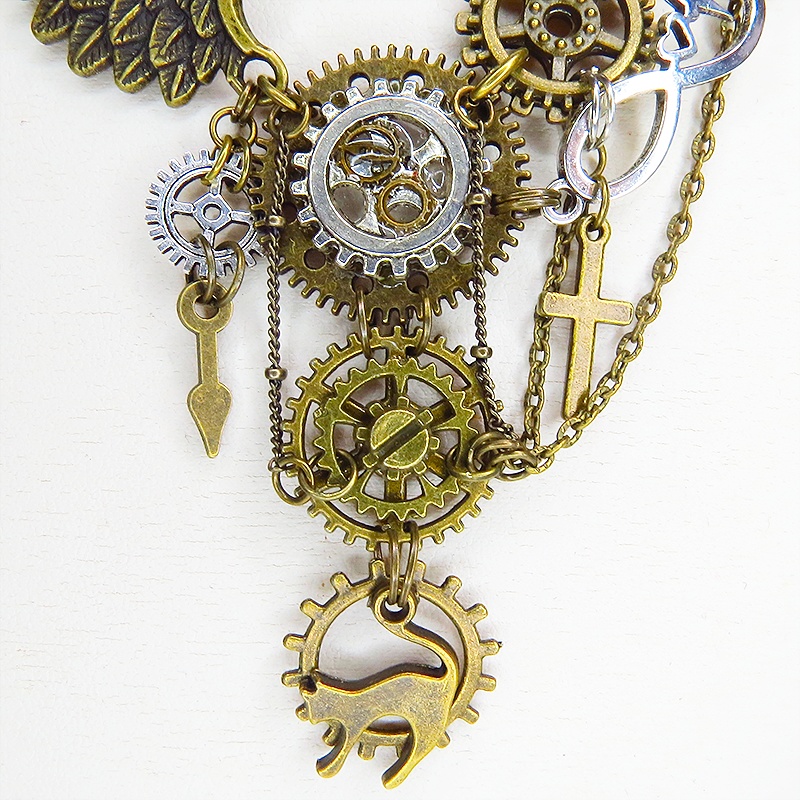 アンティークゴールド 猫と歯車と翼の本格的スチームパンク風アシンメトリー多重多層ネックレス 長さ調整可