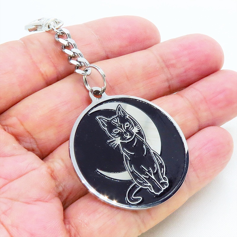 ステンレス製 シルバーカラー 黒猫と三日月のラウンドチャーム バッグチャーム ファスナーチャーム エナメル 金具変更可