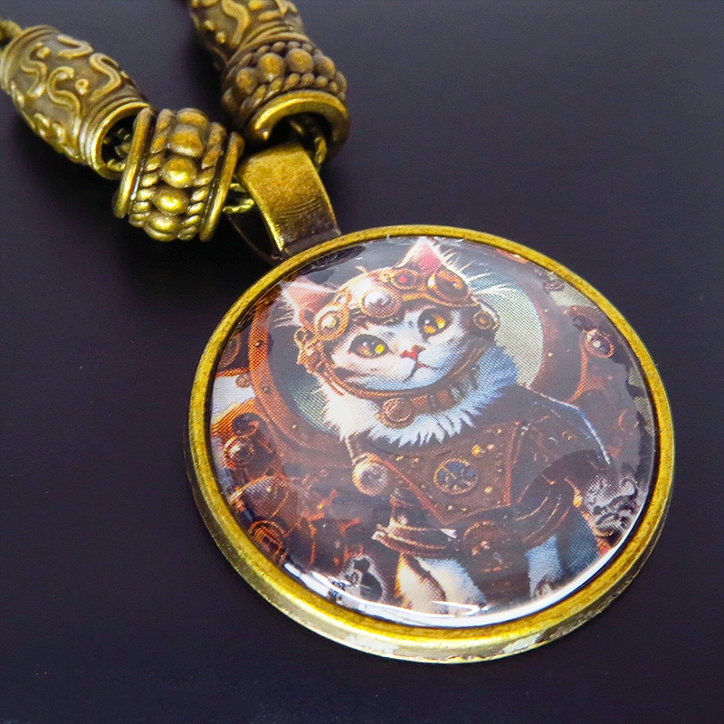 猫とスチームパンクなカボションガラスネックレス 零型アンティークゴールド仕様 長さ調整可 アジャスター可
