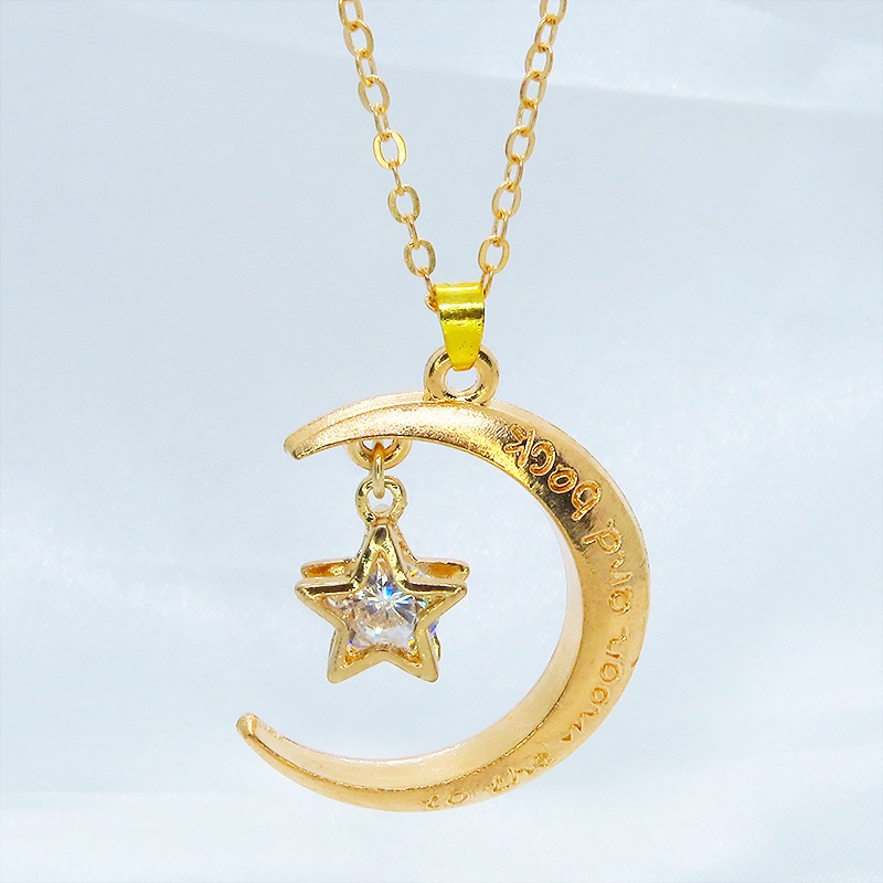 マットゴールド 三日月と星フレームのキュービックジルコニアをつり下げたペンダント・ネックレス 長さ調整可 アジャスター可