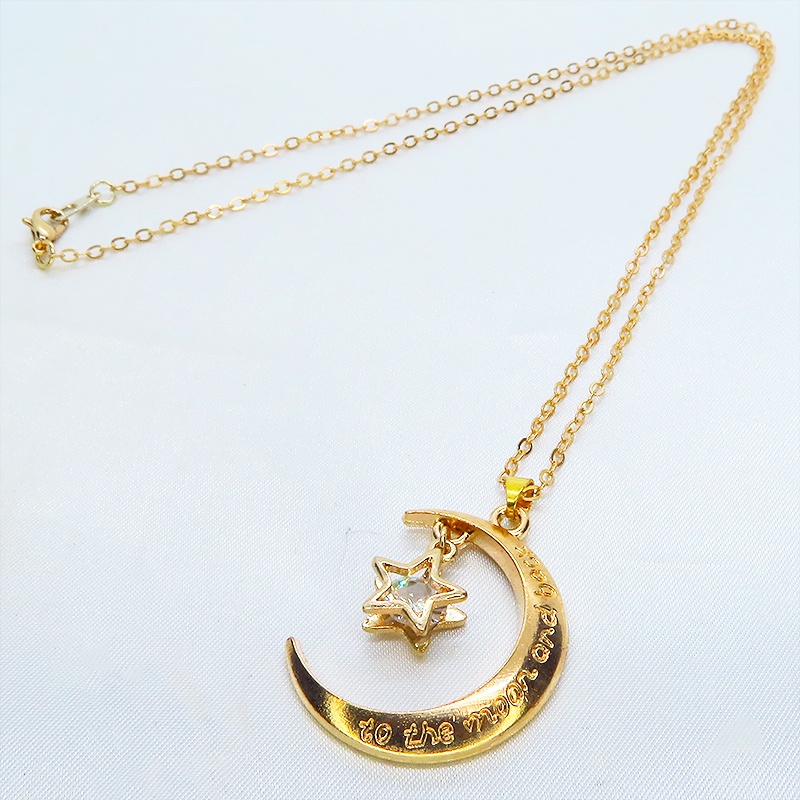 マットゴールド 三日月と星フレームのキュービックジルコニアをつり下げたペンダント・ネックレス 長さ調整可 アジャスター可
