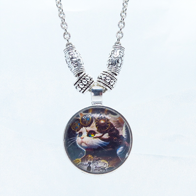 猫とスチームパンクなカボションガラスネックレス 壱型アンティークシルバー仕様 長さ調整可 アジャスター可
