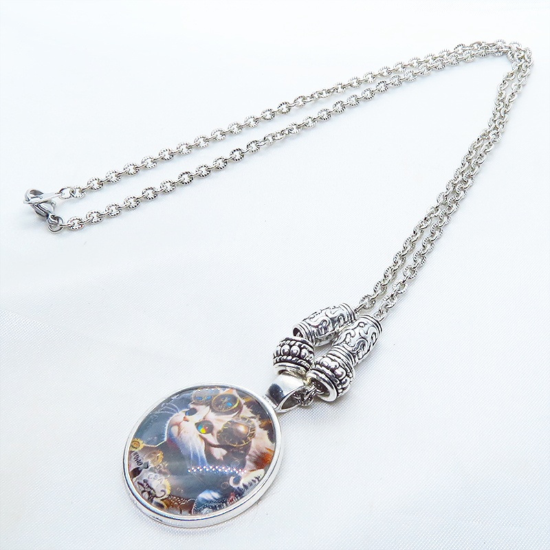 猫とスチームパンクなカボションガラスネックレス 壱型アンティークシルバー仕様 長さ調整可 アジャスター可