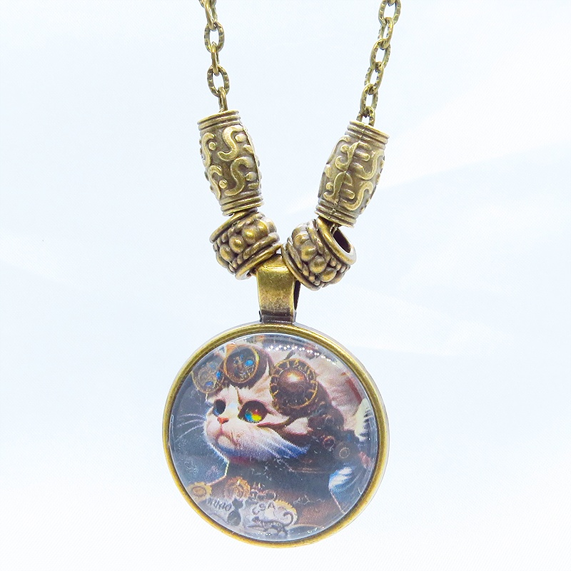 猫とスチームパンクなカボションガラスネックレス 壱型アンティークゴールド仕様 長さ調整可 アジャスター可