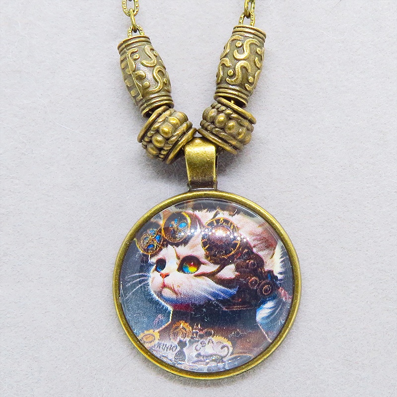 猫とスチームパンクなカボションガラスネックレス 壱型アンティークゴールド仕様 長さ調整可 アジャスター可