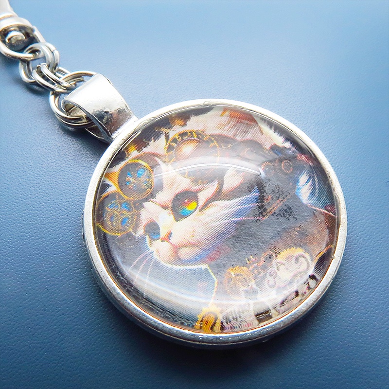 猫とスチームパンクなカボションガラスキーホルダー 壱型アンティークシルバー仕様 金具変更可 バッグチャーム