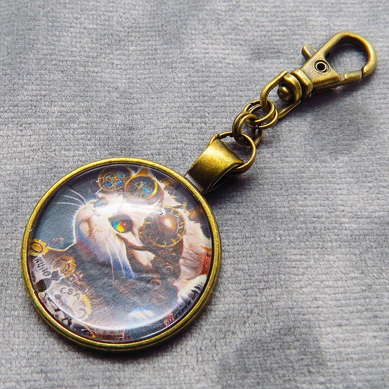 猫とスチームパンクなカボションガラスキーホルダー 壱型アンティークゴールド仕様 金具変更可 バッグチャーム