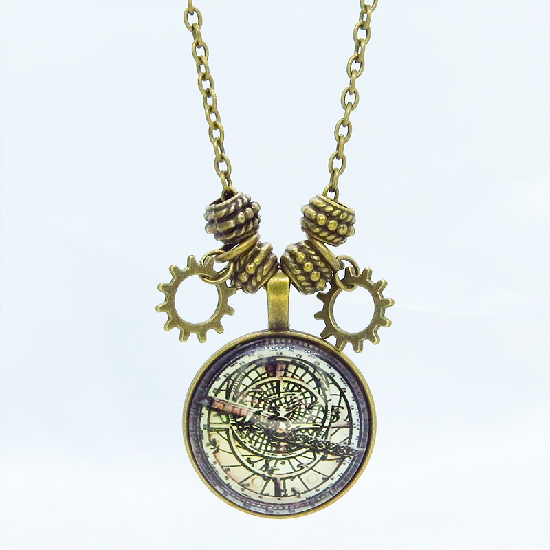 アンティークゴールド 羅針盤・方位磁針のイラストのペンダント・ネックレス 重力針 スチームパンク風 ガラス 長さ調整可