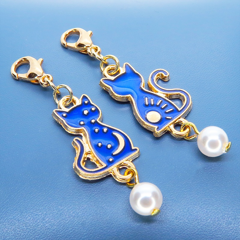 マスク・スマホチャーム 猫とお日様とお星さまと三日月のチャーム スワロフスキーパール マットゴールド 2種セット 金具変更可