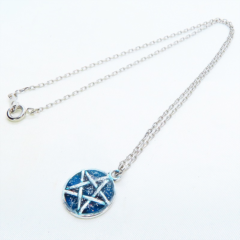 アンティークシルバー ブルーペンタグラムネックレス レジン 長さ調整可 アジャスター可