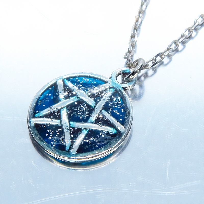アンティークシルバー ブルーペンタグラムネックレス レジン 長さ調整可 アジャスター可