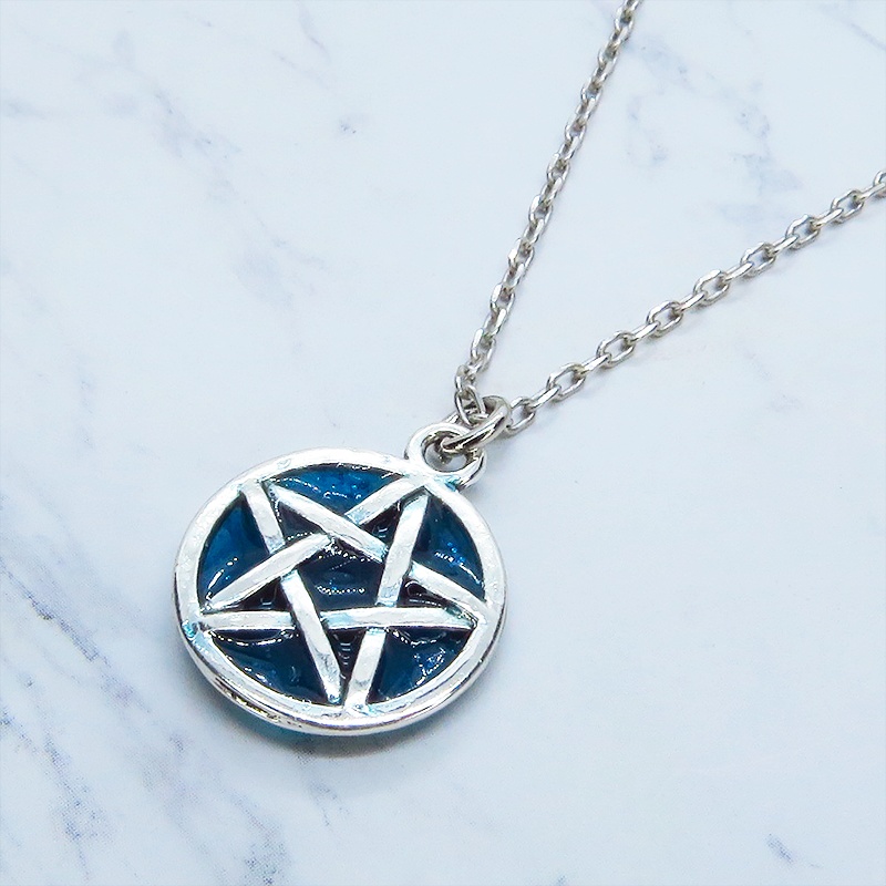 アンティークシルバー ブルーペンタグラムネックレス レジン 長さ調整可 アジャスター可