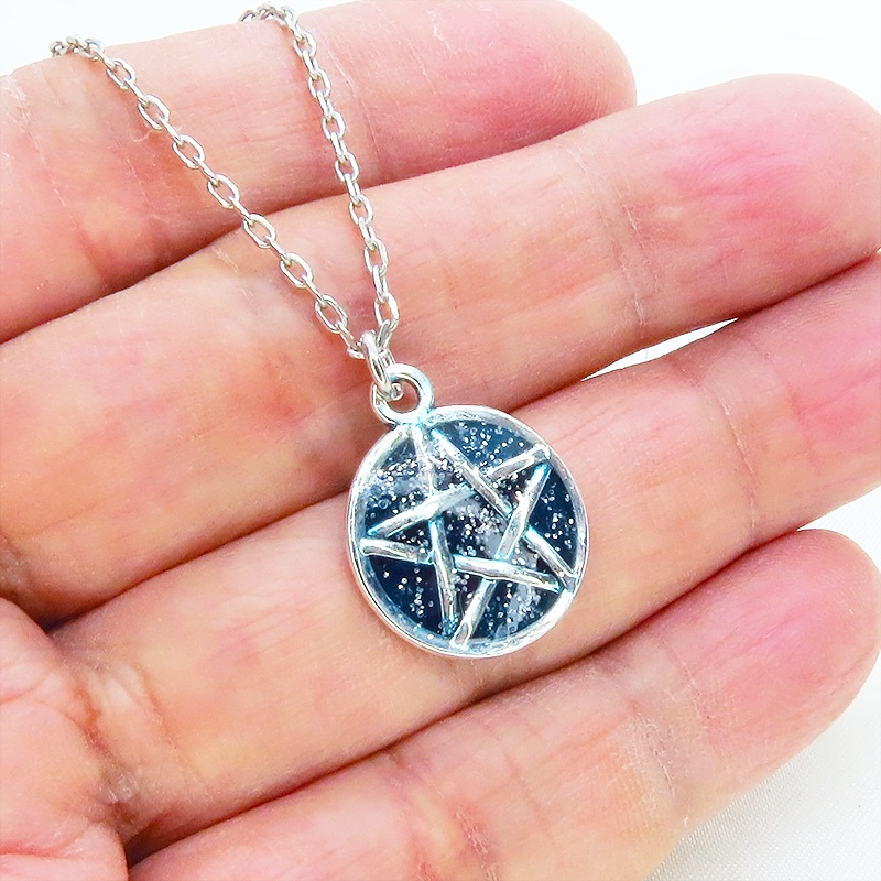 アンティークシルバー ブルーペンタグラムネックレス レジン 長さ調整可 アジャスター可