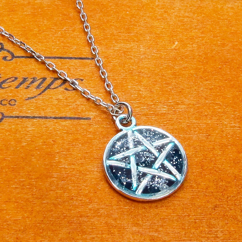 アンティークシルバー ブルーペンタグラムネックレス レジン 長さ調整可 アジャスター可