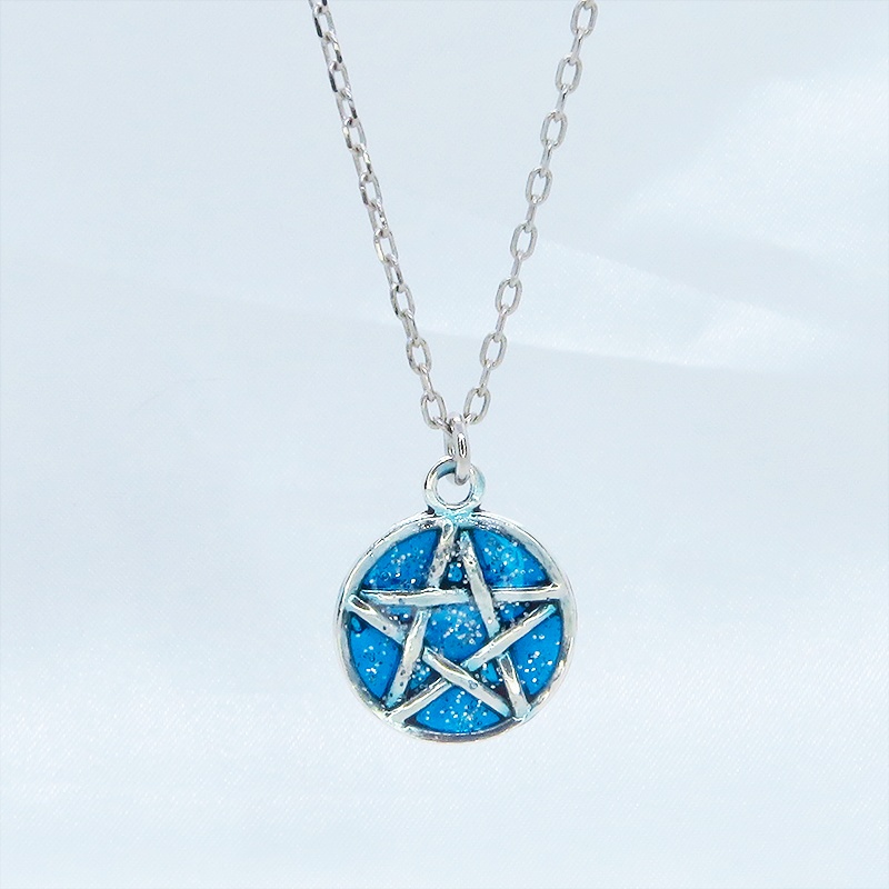 アンティークシルバー ブルーペンタグラムネックレス レジン 長さ調整可 アジャスター可